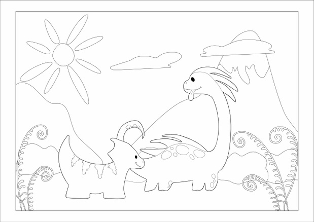 Coloring book. Funny dinosaur in a prehistoric landscape. Cartoon and vector isolated character on background.