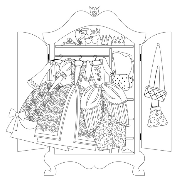 Fairy tale princess’s wardrobe with variety of clothes. Сolor