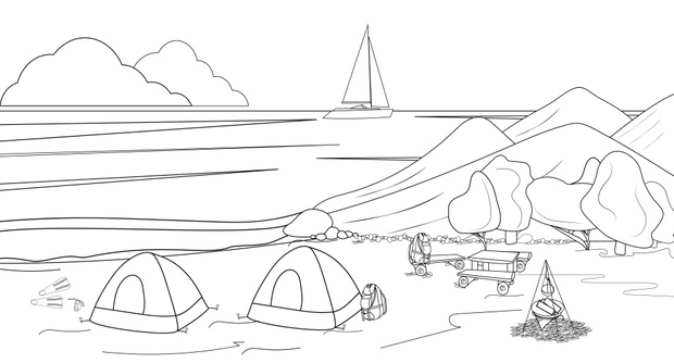 Coloring book with a tourist camping on the beach, ocean. Landsc