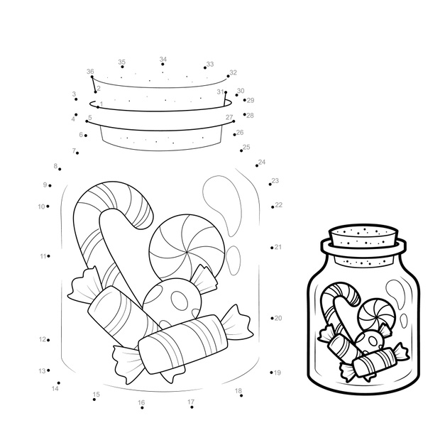 Dot to dot Christmas puzzle for children. Connect dots game. Christmas candy