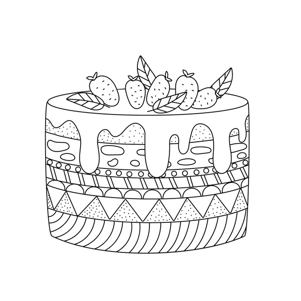 A simple cake with an ornament, layers, decoration. Hand drawn v