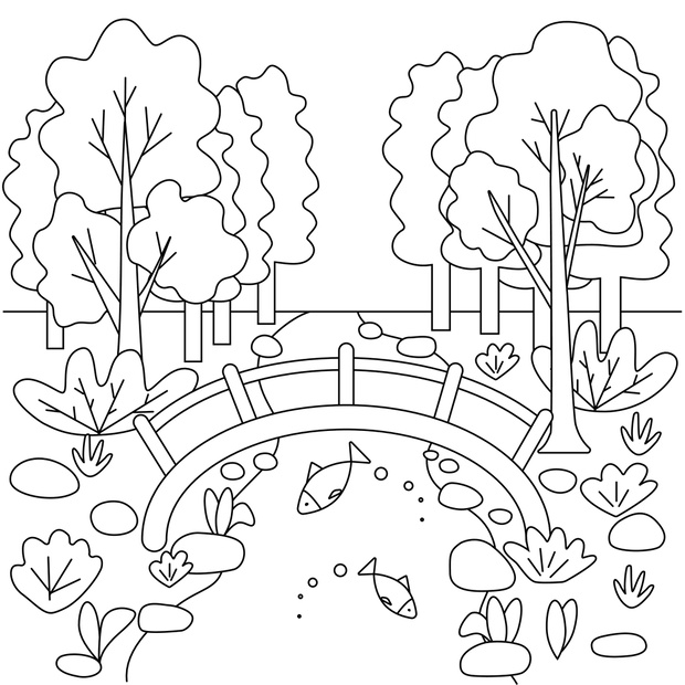 Cute kids coloring book with landscape. Bridge, river and forest