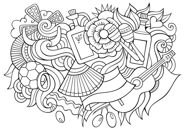 Spain hand drawn cartoon doodles illustration. Funny travel design