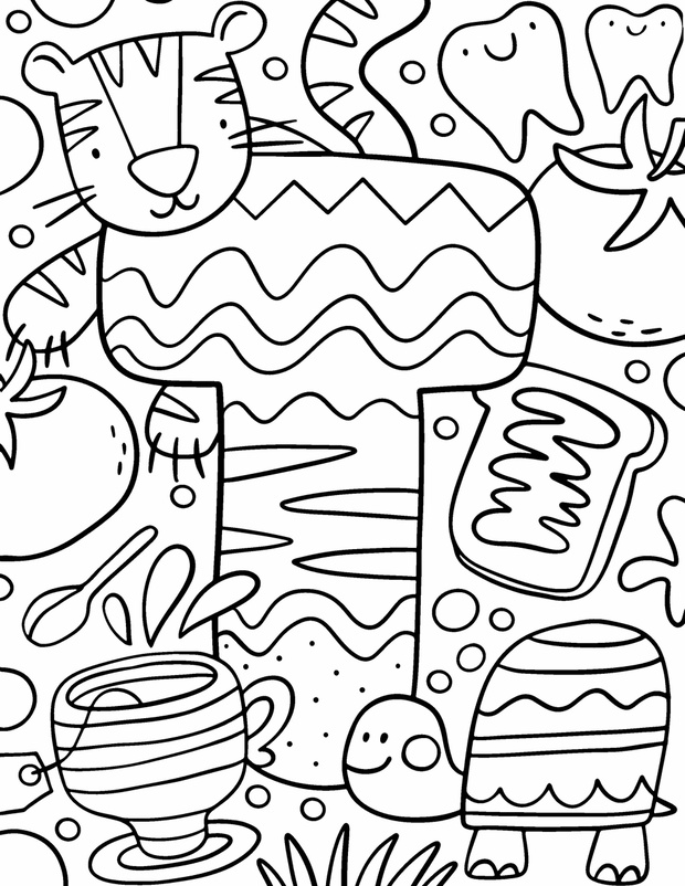Coloring page Alphabet for kids with cute characters in doodle s