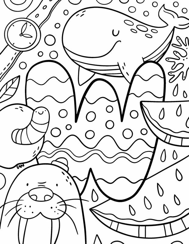Coloring page Alphabet for kids with cute characters in doodle s