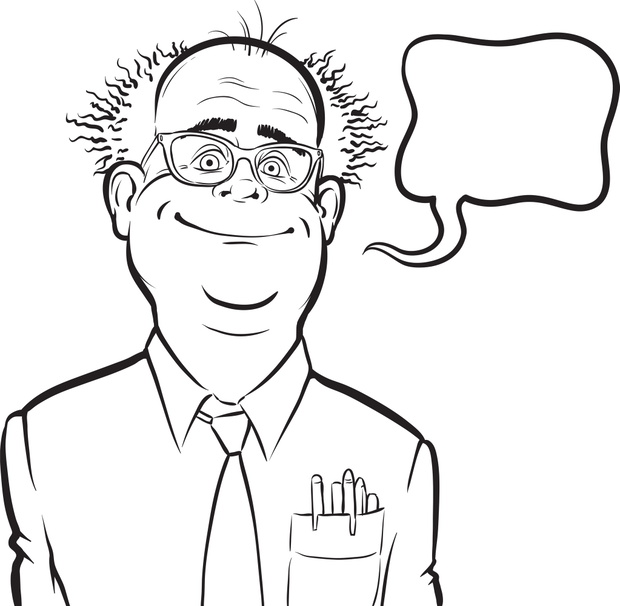 whiteboard drawing - cartoon smiling mad professor with speech bubble