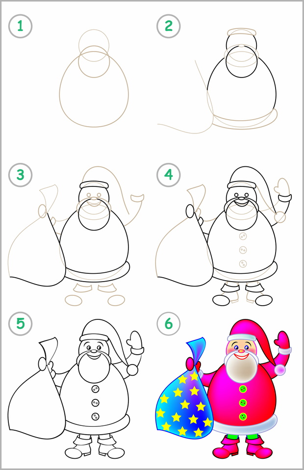 Page shows how to learn step by step to draw Santa Claus. Develo