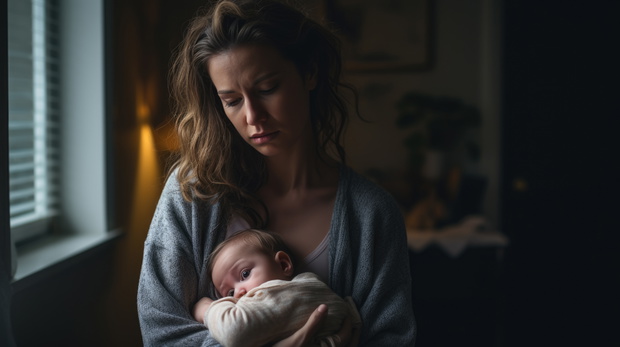 A young mother with postpartum depression holds her baby in her arms.