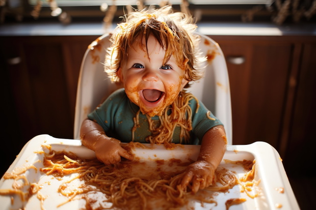 Overhead view of a baby making a mess with his food. Spaghetti all over his face