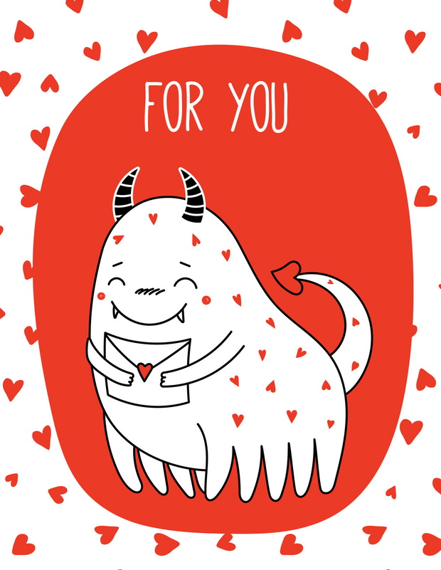 Set of hand drawn Valentines day greeting cards templates with cute funny cartoon monsters and romantic quotes, in black, white, red. Ready to use. Design concept for children. Vector illustration.