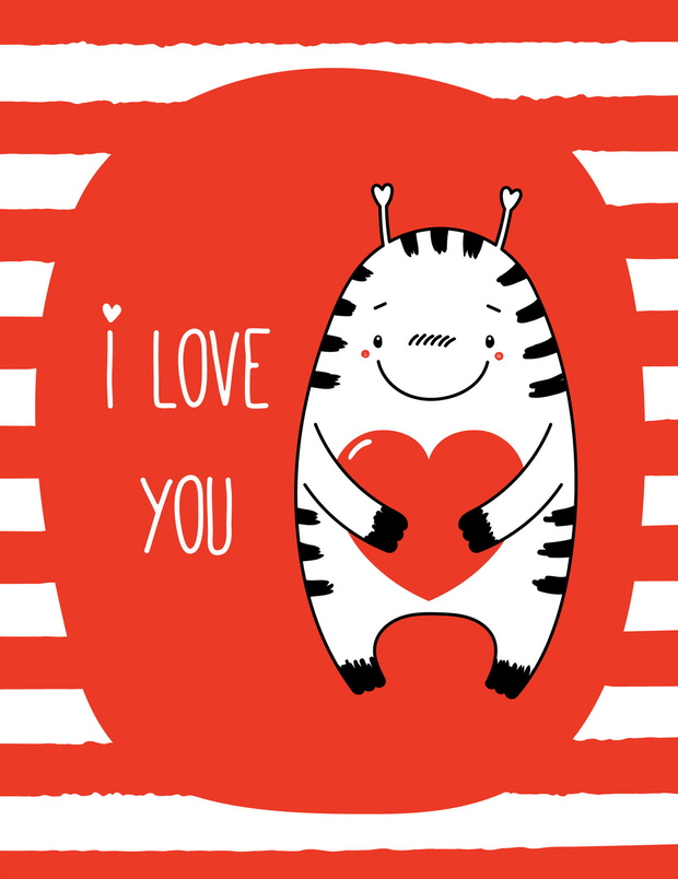 Set of hand drawn Valentines day greeting cards templates with cute funny cartoon monsters and romantic quotes, in black, white, red. Ready to use. Design concept for children. Vector illustration.