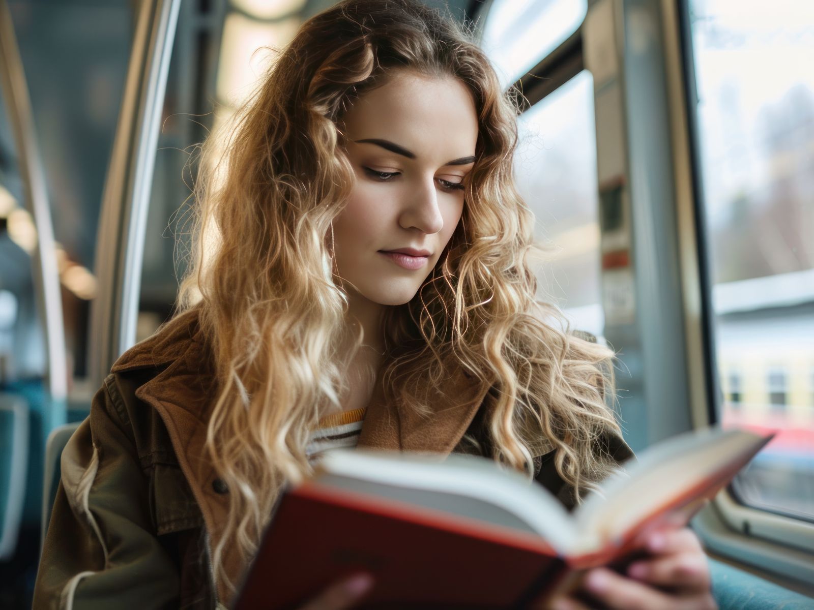 dziewczyna czytająca książkę w autobusie