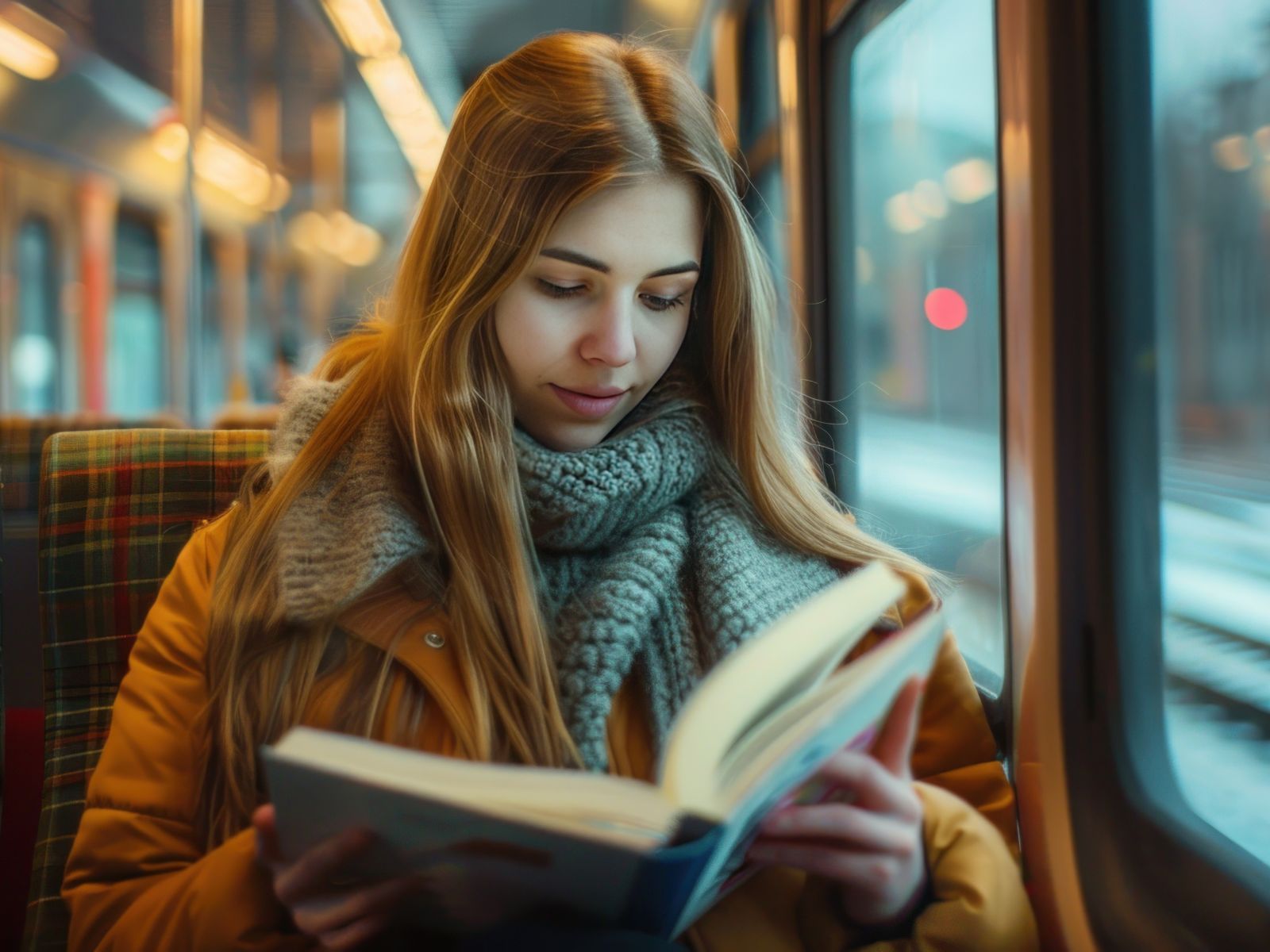 dziewczyna czytająca książkę w autobusie