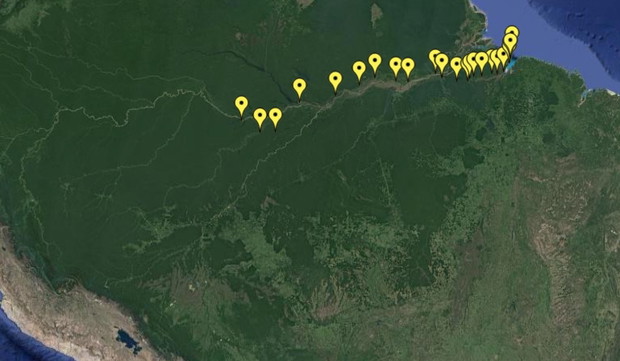 Trasa od Atlantyku (Wyspa Marajó) do Tefe. Pete Casey pokonał 2900 km. Od Pacyfiku dzieli go jeszcze ponad 5000 km.