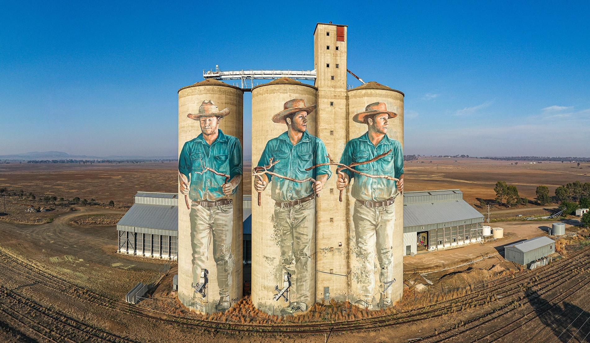 Artysta z Sydney, Fintan Magee, namalował tego poszukiwacza wody na silosie zbożowym w Barraba, wiejskim miasteczku w australijskim stanie Nowa Południowa Walia. Jest to jeden z wielu projektów w stylu street art, które ostatnio pojawiły się na obszarach