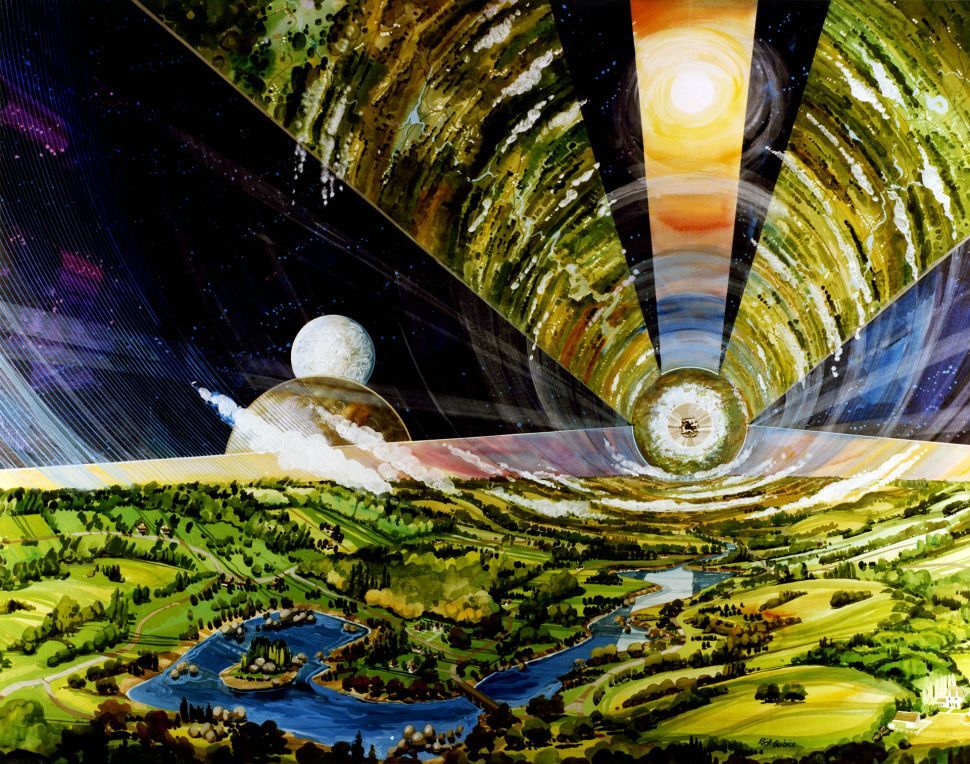 Ta ilustracja NASA pokazuje, jak mogłoby wyglądać wnętrze stacji kosmicznej. Każde siedlisko miałoby sztuczną atmosferę i ziemską grawitację (Fot: Rick Guidice dla NASA)