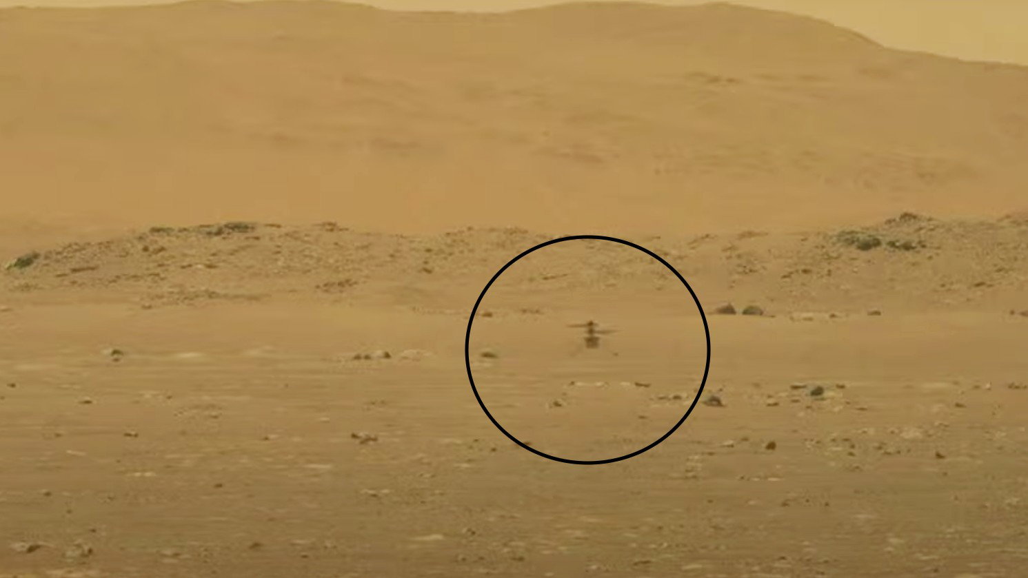 Zdjęcia przesłane przez marsjański łazik. W zaznaczeniu widoczny helikopter Ingenuity (fot. NASA)