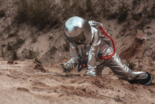 Spaceman exploring nameless planet, examining plants