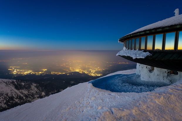 Peak of Sniezka mountain at evening in Giant mountains during winter
