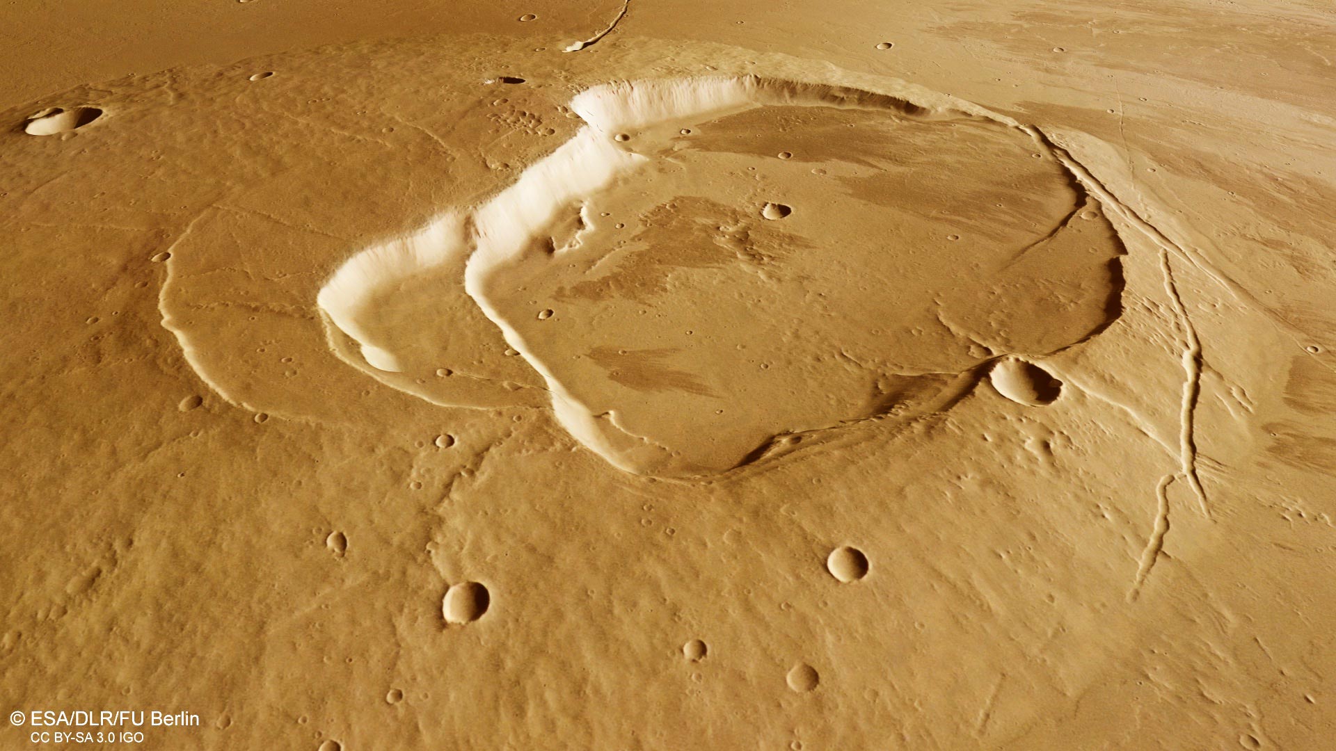 Orbiter Mars Express uchwycił plusk w morzu lawy. Wyjątkowe zdjęcia marsjańskiego wulkanu (fot. DLR)