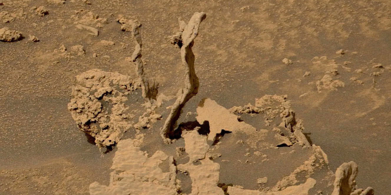 Curiosity znalazł na Marsie dwie dziwacznie skręcone skalne wieże. Czy to tzw. bajeczne kominy? (fot. NASA, JPL-Caltech, MSSS)