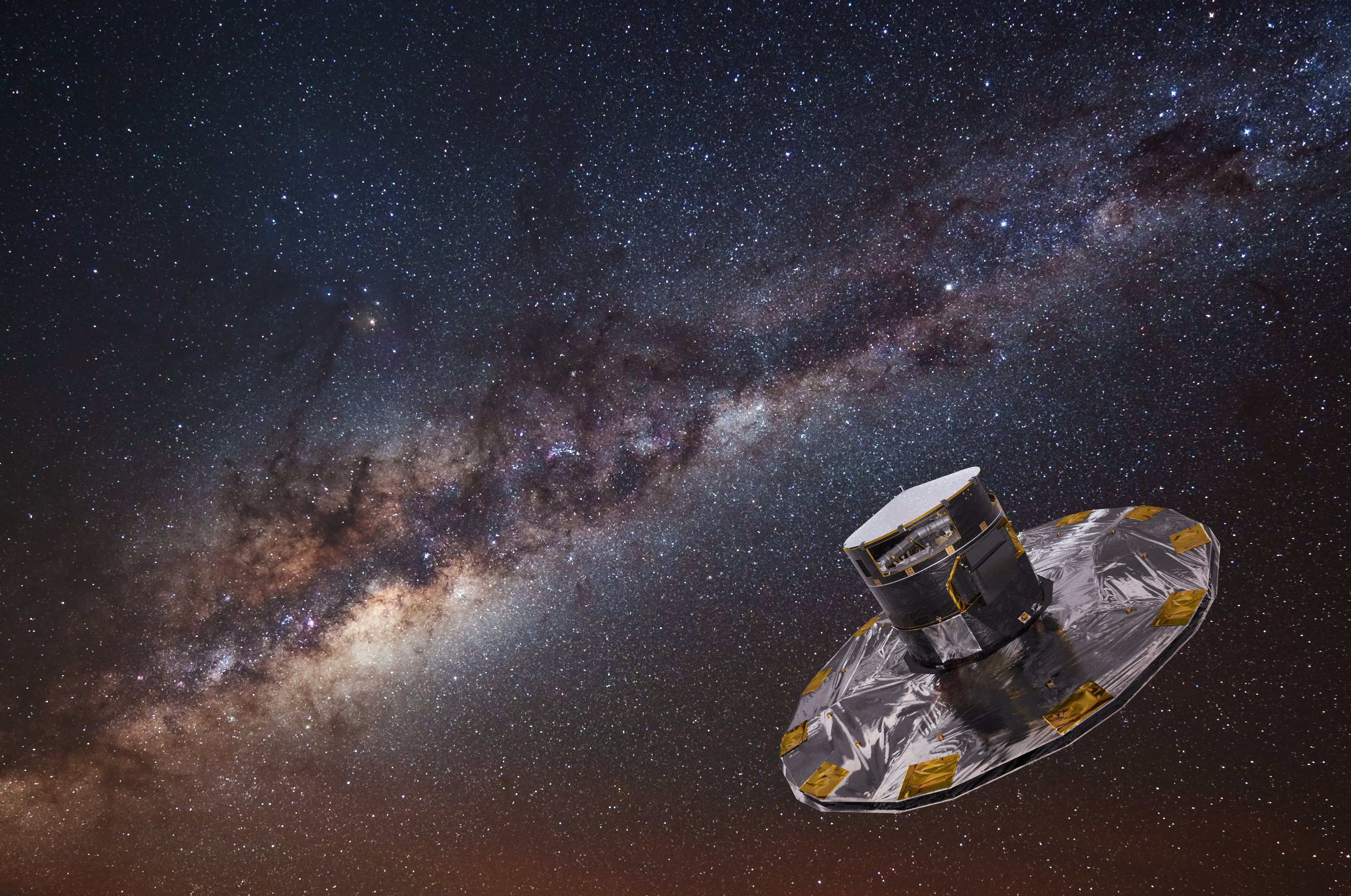 Udało się sklasyfikować 1,8 mld gwiazd Drogi Mlecznej. To efekt misji Gaia, w której biorą udział Polacy (fot. ESA/ATG medialab; background image: ESO/S. Brunier)