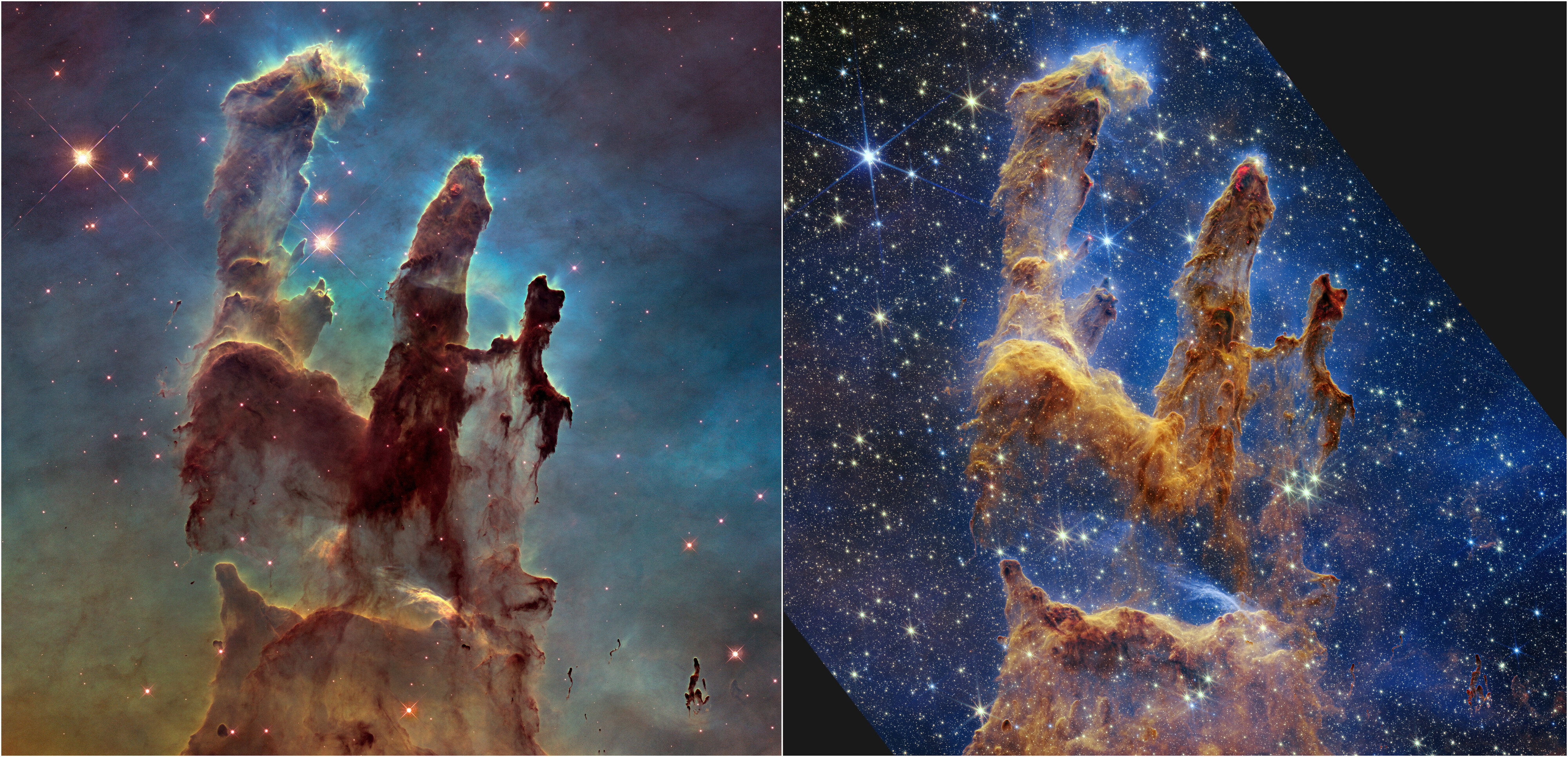 Teleskop Webba zrobił nowe zdjęcia Filarów Stworzenia – jednego z najpiękniejszych obiektów we Wszechświecie (fot. NASA, ESA, CSA, STScI; J. DePasquale, A. Koekemoer, A. Pagan (STScI))