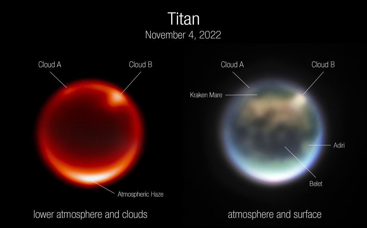 Na Tytanie są chmury i morze ciekłego metanu. Widać to na niesamowitych zdjęciach z dwóch teleskopów (fot. NASA, ESA, CSA, A. Pagan [STScI]. Science: JWST Titan GTO Team)
