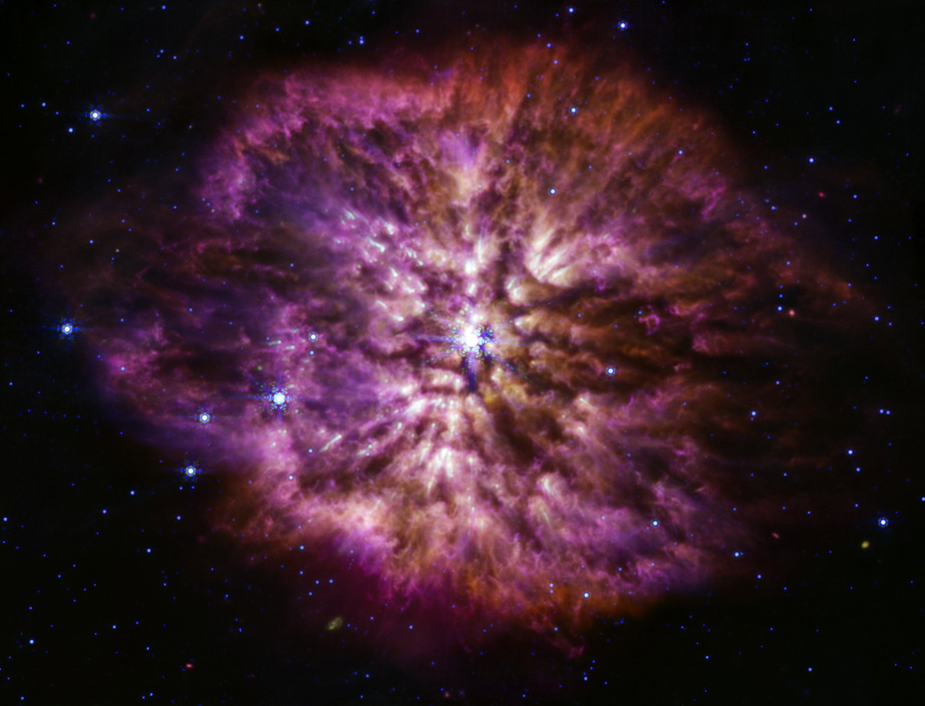 Teleskop Webba zrobił niesamowite zdjęcie gwiazdy tuż przed wybuchem. Wygląda jak płatek śniegu (fot. NASA, ESA, CSA, STScI, Webb ERO Production Team)