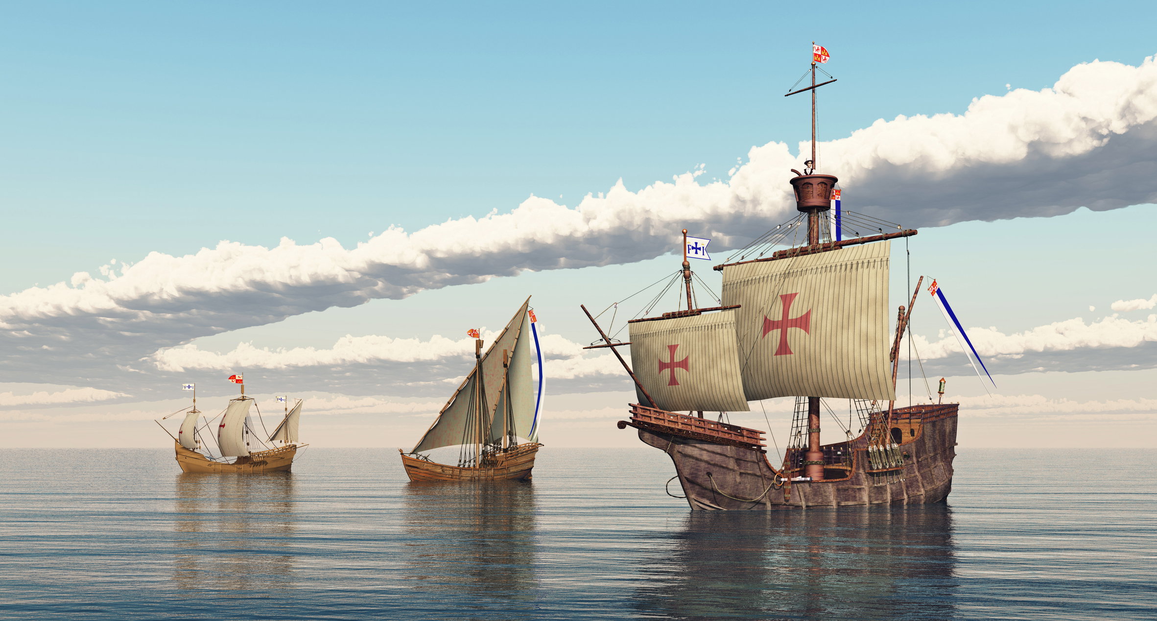 Santa Maria, Nina i Pinta, statki pierwszej  wyprawy Kolumba (komputerowa rekonstrukcja, Getty Images)