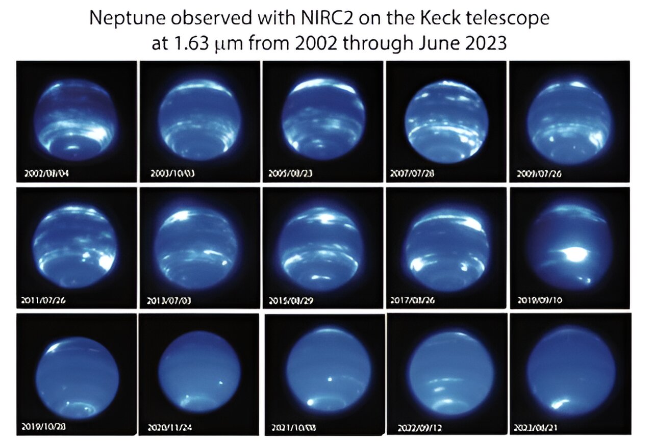 Chmury nad Neptunem zniknęły po raz pierwszy od prawie trzydziestu lat obserwacji. Dlaczego? (fot. Imke de Pater, Erandi Chavez, Erin Redwing (UC Berkeley)/W. M. Keck Observatory)