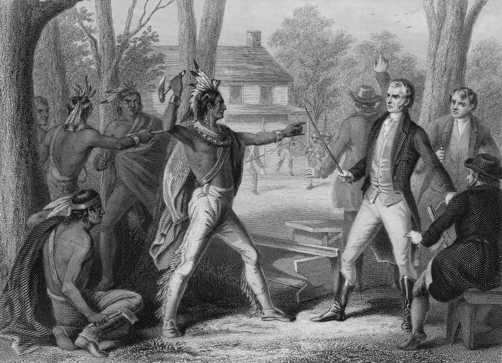 Generał William Henry Harrison (1773-1841), późniejszy 9. prezydent Stanów Zjednoczonych, próbuje uniknąć incydentu dyplomatycznego podczas spotkania z wodzem Shawnee Tecumsehem w Vincennes w stanie Indiana,