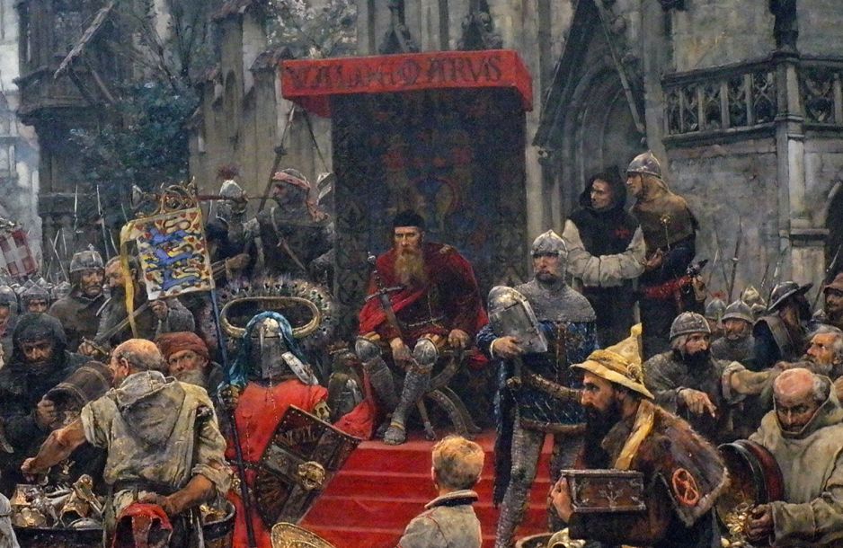 Król Atterdag spokojnie czeka, aż mieszkańcy Visby zapełnią beczki złotem.