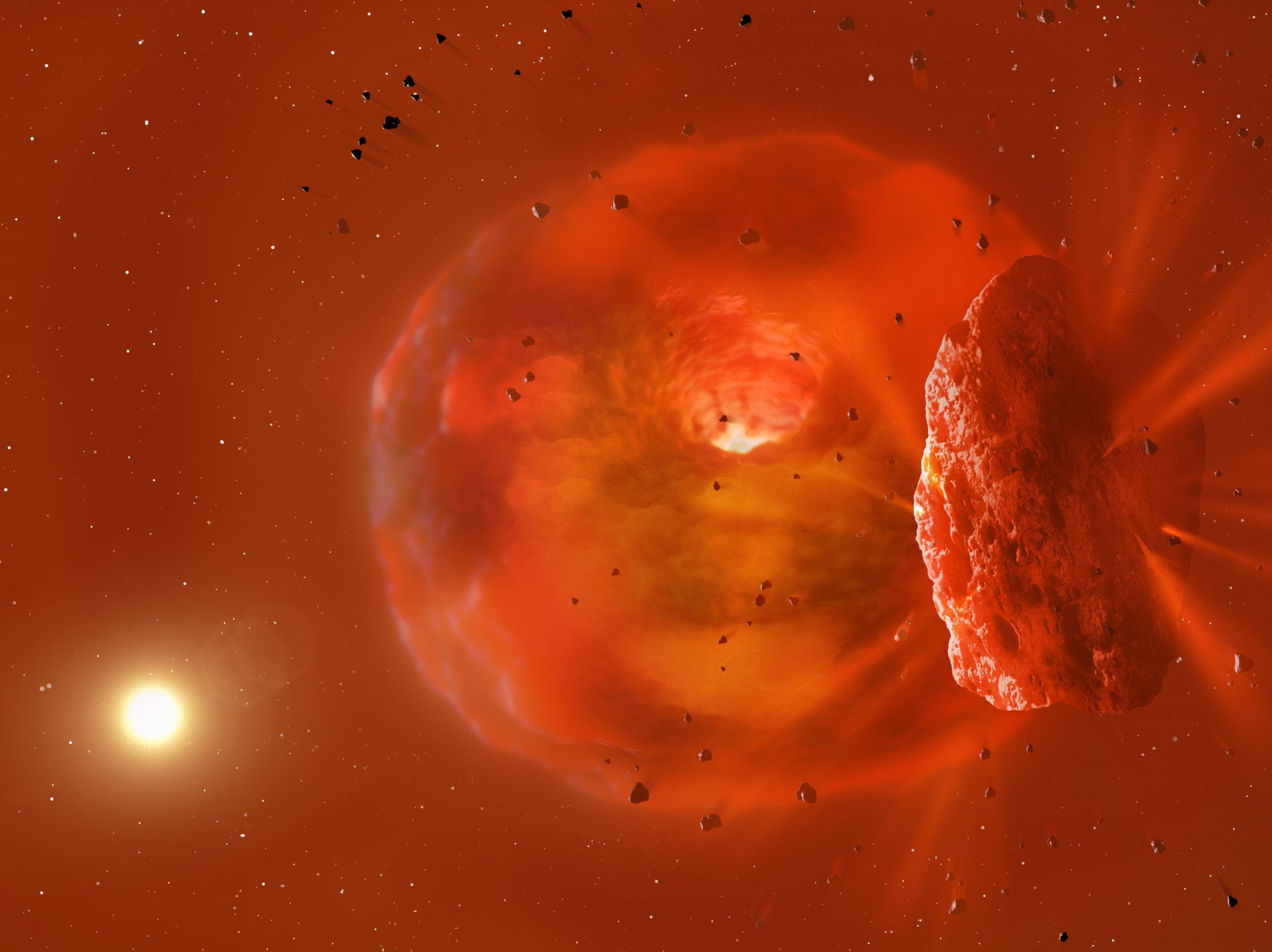 Pierwsza kolizja egzoplanet zaobserwowana przez astronomów (ryc. Mark Garlick)