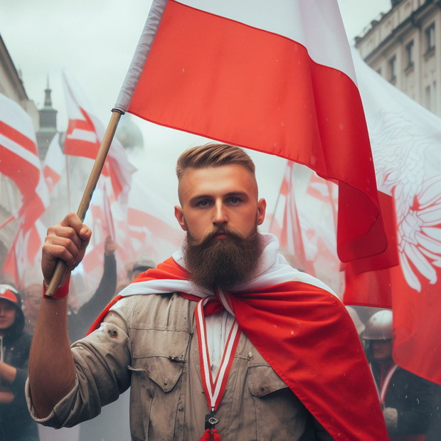 Prompt: uczestnik marszu niepodległości w Warszawie