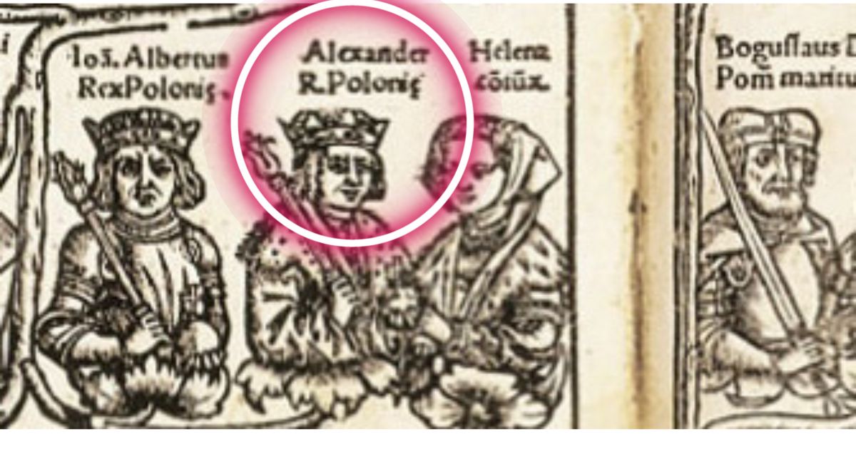Aleksander Jagiellończyk (ryc. Decius L. De Jegellonum familia liber II. Kraków, 1521, Wikimedia Commons, public domain)