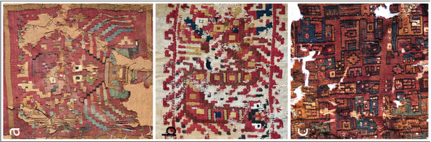Tekstylia z wizerunkami Moche i Wari: a) człowiek krab; b) człowiek z wężowym pasem; c) postacie z kijami Wari/Fot. Jeffrey Quilter et al. Antiquity 2024