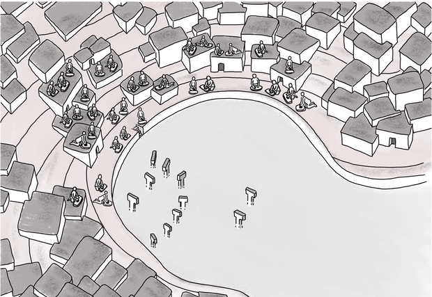 Rekonstrukcja prac komunalnych w osadzie na tarasach i dachach z widokiem na monumentalne budynki, grafika J. Notroff, na podstawie rekonstrukcji architektonicznej D. Kurapkat/in: Laura Dietrich et al., Plos ONE 2019