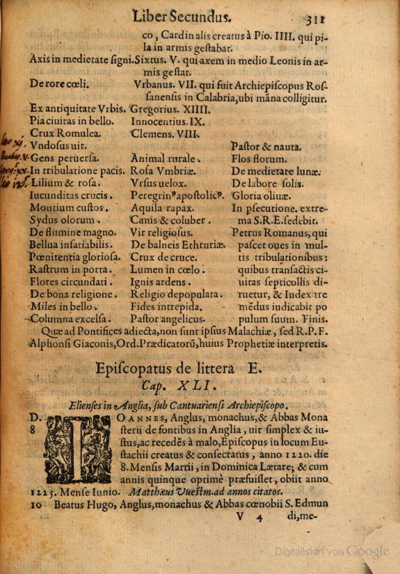 Ostatnia strona „Lignum Vitae” z przepowiednię św. Malachiasza o końcu świata