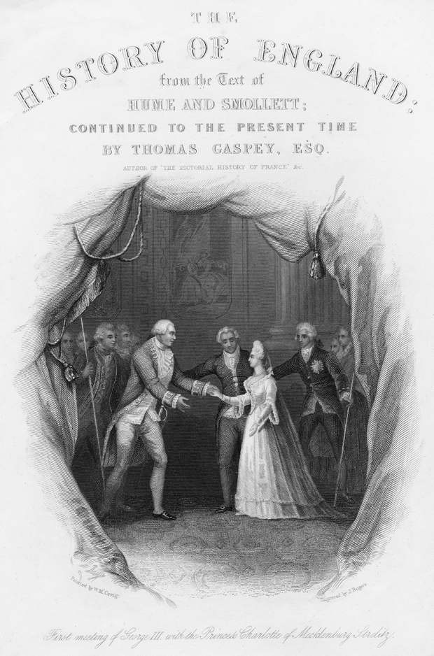 Pierwsze spotkanie króla Jerzego III i księżniczki Charlotte z Meklemburgii-Strelitz, 1761. Ryt. J. Rogers wg obrazu W. M. Craiga, okładka „The History of England”