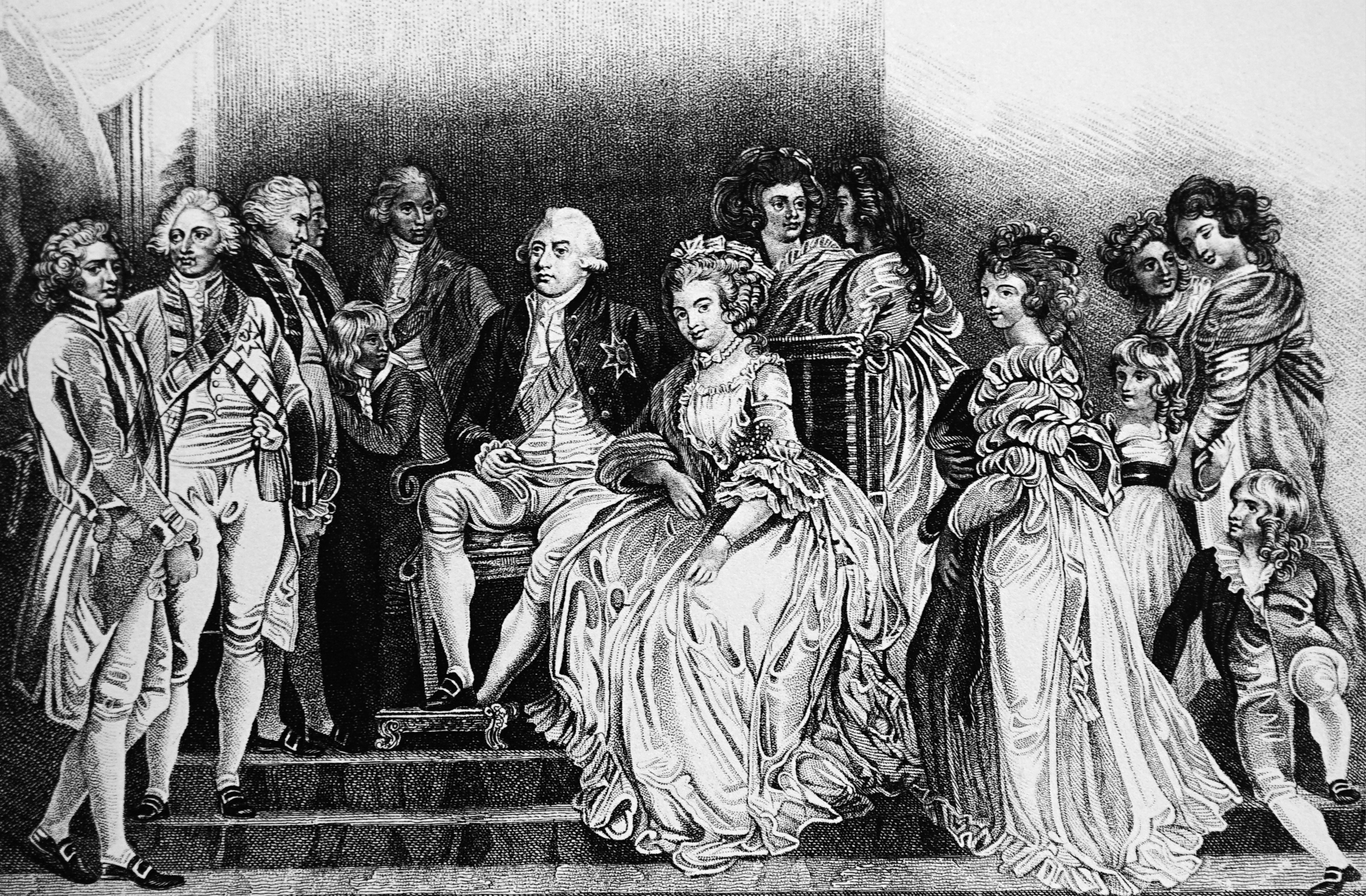 Król Jerzy III z królową Charlotte i rodziną, XIX-wieczna ilustracja