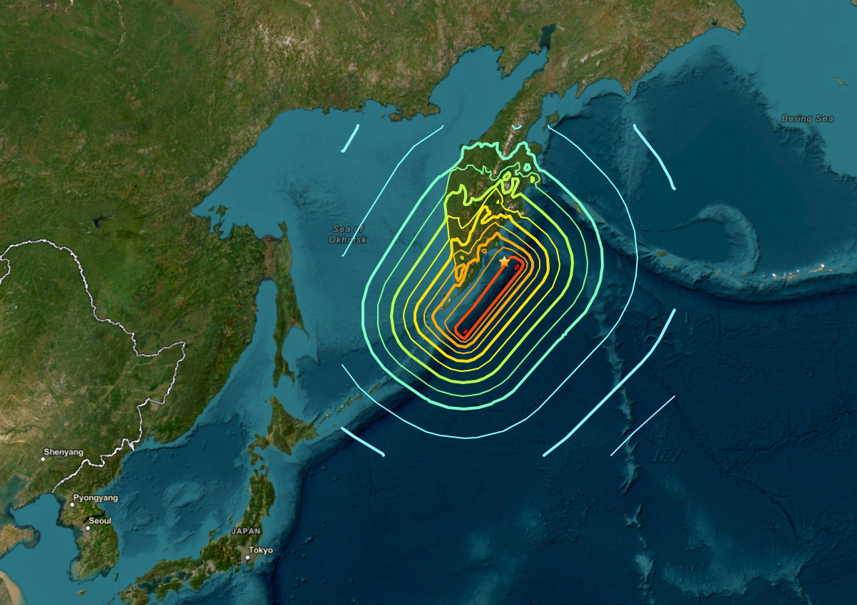 Mapa rozchodzenia się fal tsunami po trzęsieniu ziemi z 29 lipca 2025