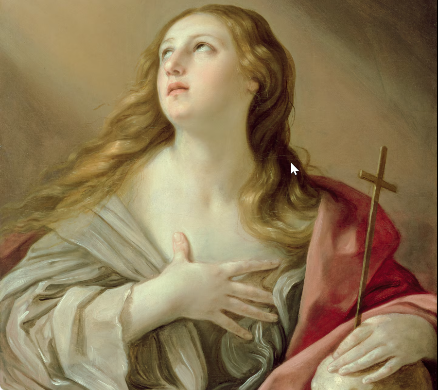 Maria Magdalena Pokutująca (Guido Reni). Zgodnie z tradycją chrześcijańską, po spotkaniu z Chrystusem Maria Magdalena porzuciła dawne grzeszne życie i oddała się pokucie. To jedna z najbardziej rozpoznawalnych – i zarazem najbardziej niezrozumianych – pos