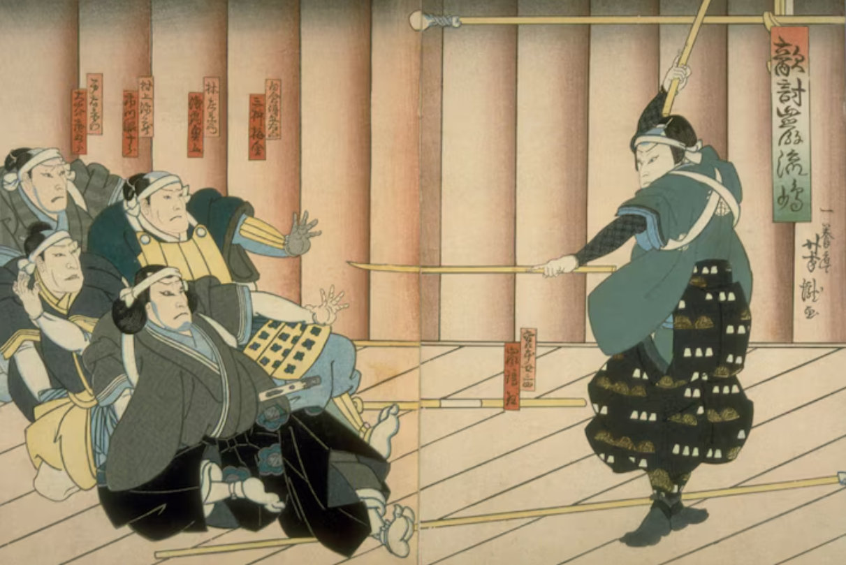 Odbitka z 1865 roku autorstwa Utagawy Yoshitakiego przedstawiająca scenę z przedstawienia kabuki o życiu Miyamoto Musashiego – XVII-wiecznego mistrza miecza, słynącego z opanowania stylu walki dwoma mieczami.
