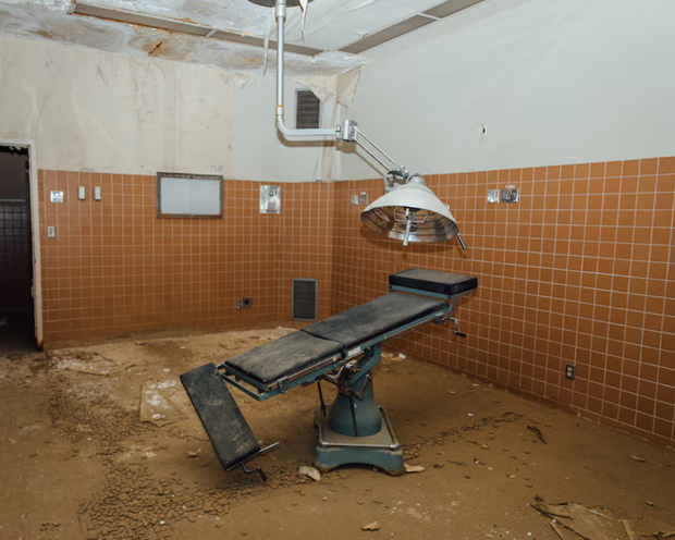 Opuszczony szpital wojskowy w Montanie, cichy i niepokojący.