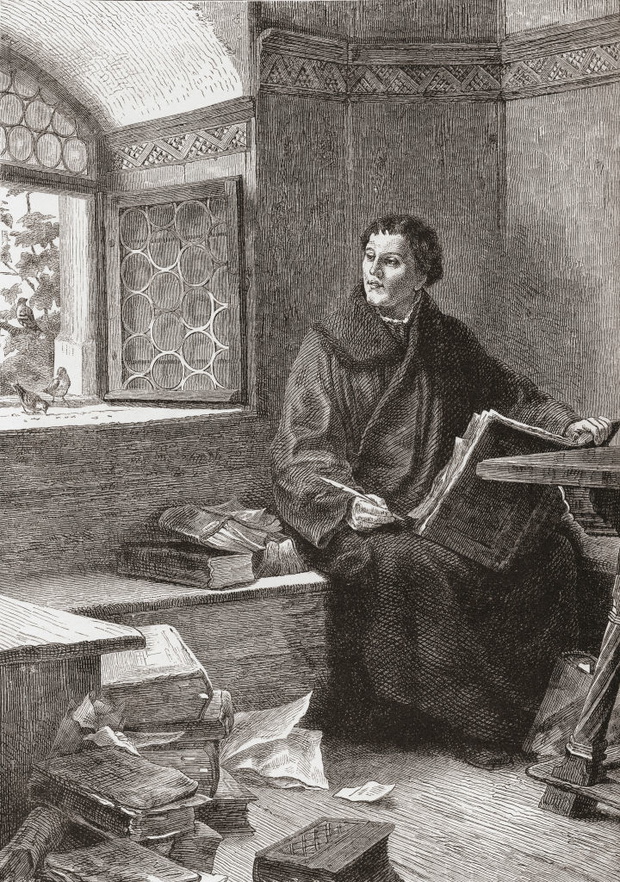 Marcin Luter tłumaczący Biblię na zamku Wartburg w Niemczech w 1521 r.