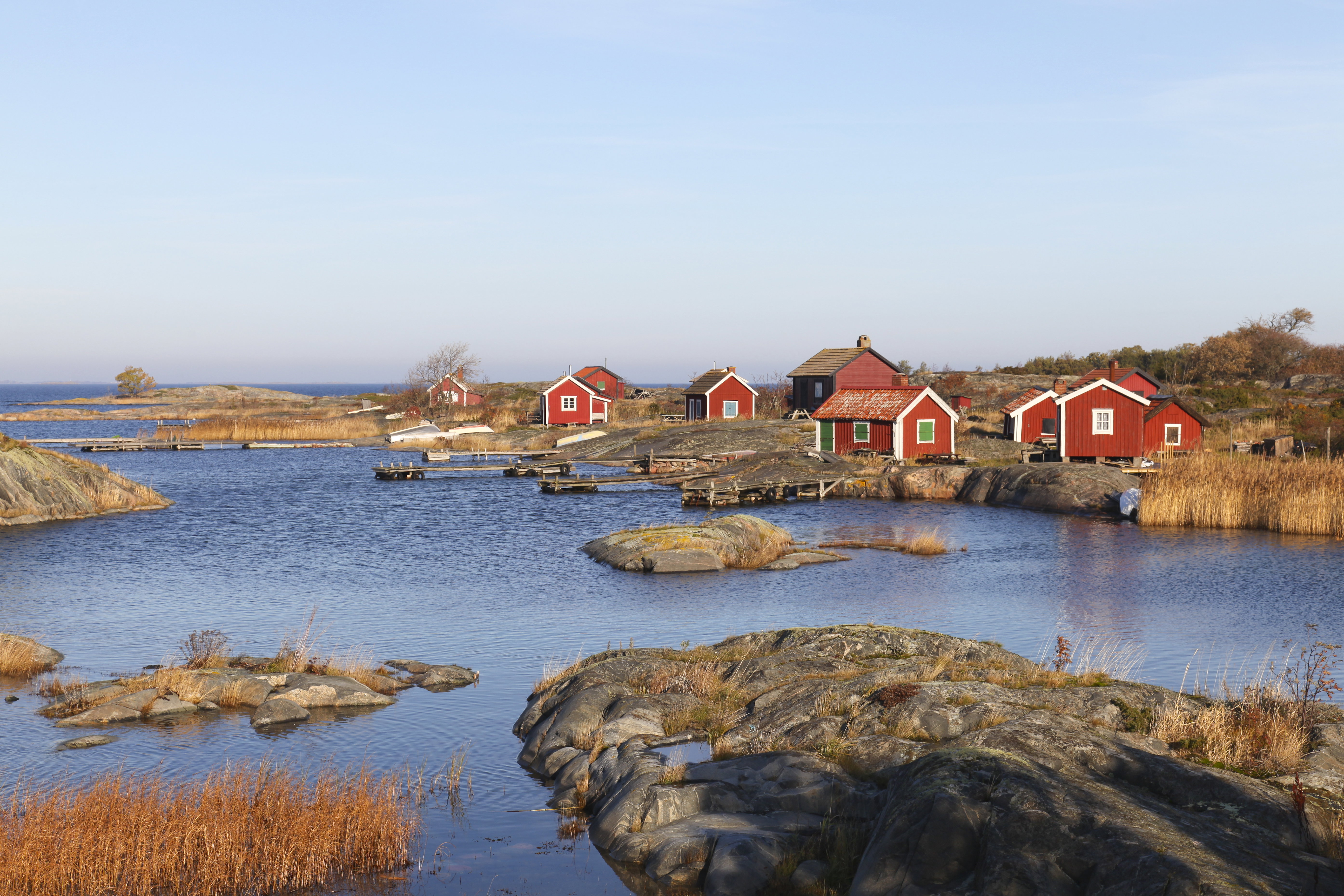 Czerwone domki w jesiennym krajobrazie archipelagu sztokholmskiego