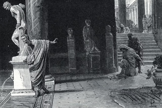 Cesarz August odrzuca swoją córkę Julię po jej aresztowaniu i uznaniu za winną cudzołóstwa (ok. 2 r. p.n.e.). Rycina ze Storia di Roma.