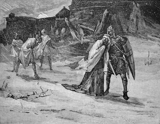 Ilustracja przedstawia ucieczkę cesarzowej Matyldy z zamku w Oksfordzie.