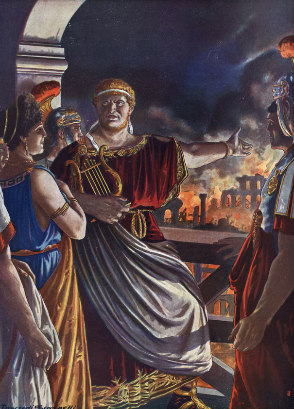 Cesarz Neron obserwuje Wielki Pożar Rzymu (64 r. n.e.). Ilustracja: Tancredi Scarpelli, Storia d’Italia (1930)